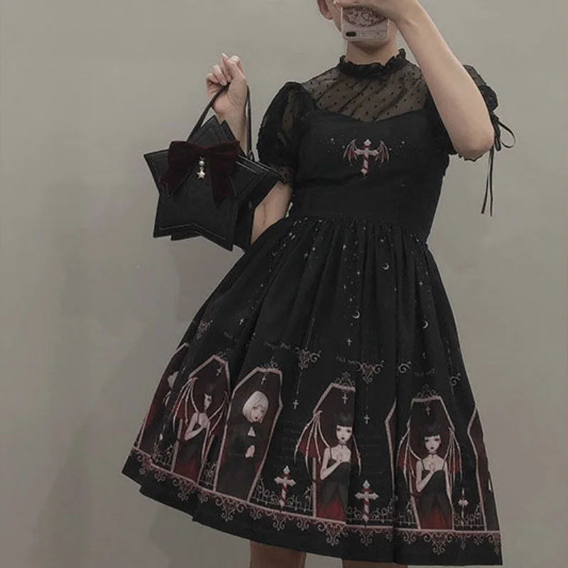 

Diablo Gothic Dress Japanese Punk Kawaii Girl Cartoon Print Victorian Sling Princess Baby Doll Dress For Women Jsk Lolita Dress
