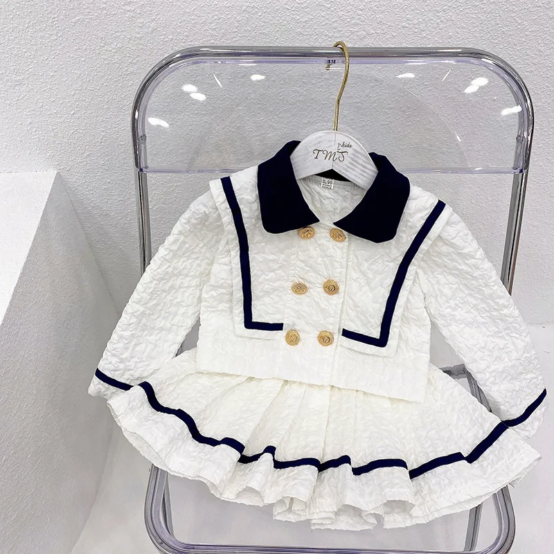

Little Girls Fashion Clothes Sets Children's Double Breasted Outerwear+ Pleated Skirt White Princess Girls Skrit Party Clothing