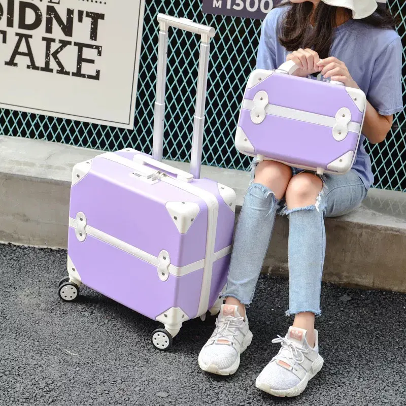 Purple(A set) Модный ретро чемодан на колесиках для девочек, универсальный чемодан на колёсиках для женщин, 18 дюймов, милая дорожная сумка для багажа - Color: Purple(A set)