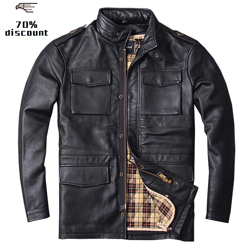Мужская длинная куртка из натуральной воловьей кожи M65 черная теплая большого