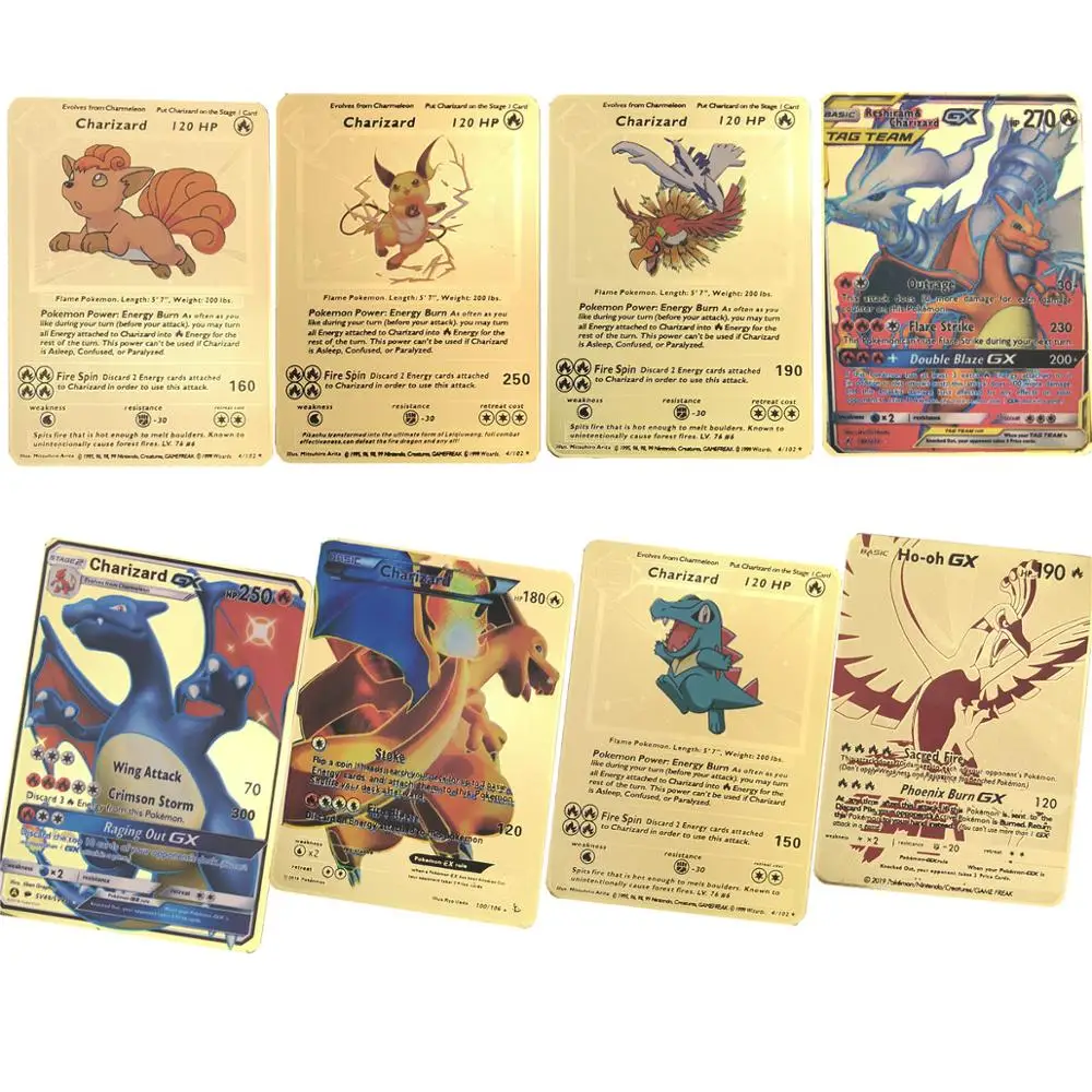 Лучшие продажи золотой металл цвет битва карт игры Pokemones карты энергии Charizard коллекция карт игрушки