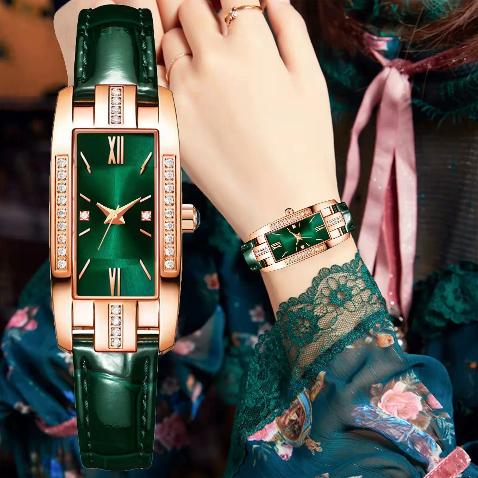 WOKAI high quality classic retro women's belt quartz square green quartz watch Student women's wear clock luxury style