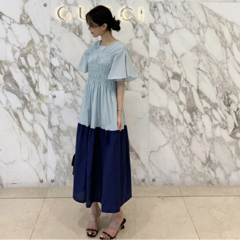 Женское плиссированное платье [EWQ] корейское с круглым вырезом и расклешенными