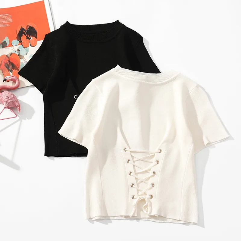 

Women T Shirt Summer Knitted Shirt Lace Up O Neck Short Sleeve Crop Top Female Casual T-shirt