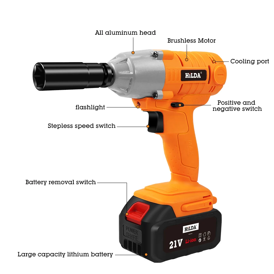 Аккумуляторный ударный электрический гайковерт 21 в бесщеточный торцевой ключ