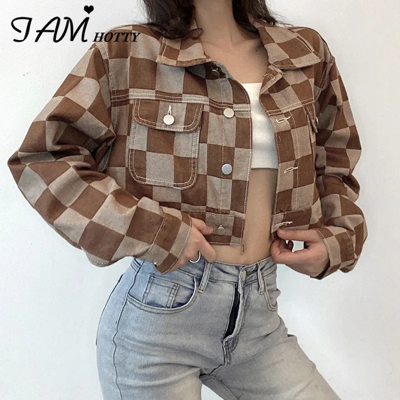 

Vintage Brown Plaid Print Short Denim Jacket Women Korean Style Button Loose Jeans Coat Autumn Harajuku Outerwear 90s Iamhotty