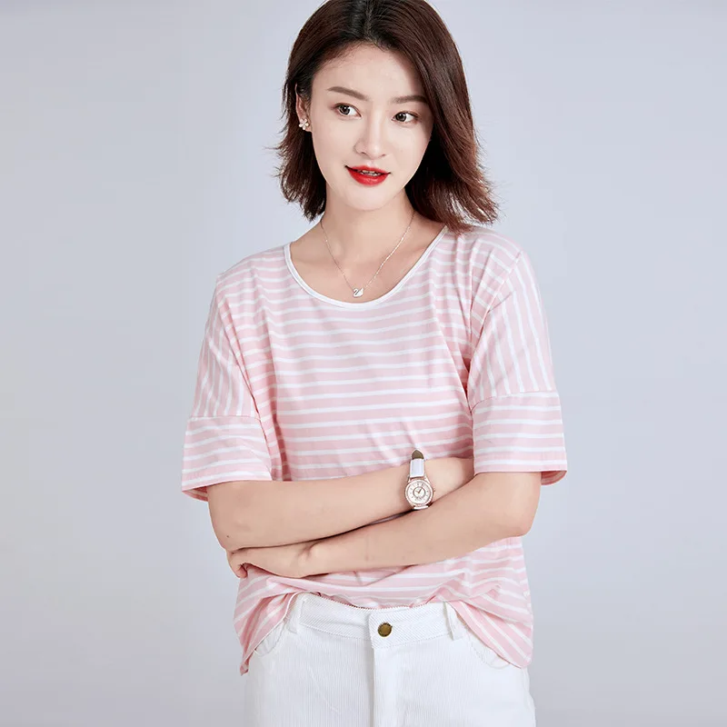 

Vintage Black White Classic Striped T Shirt Women Fashion Korea Style Harajuku O-neck Short Sleeve Casual Loose Tees Female 2021