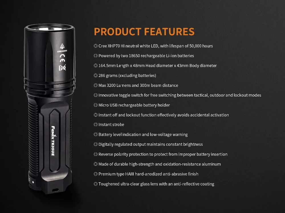 Fenix TK35 3200 люмен Ultimate Edition(TK35UE) USB Перезаряжаемый тактический светодиодный фонарик с 2X2600 мАч батареей