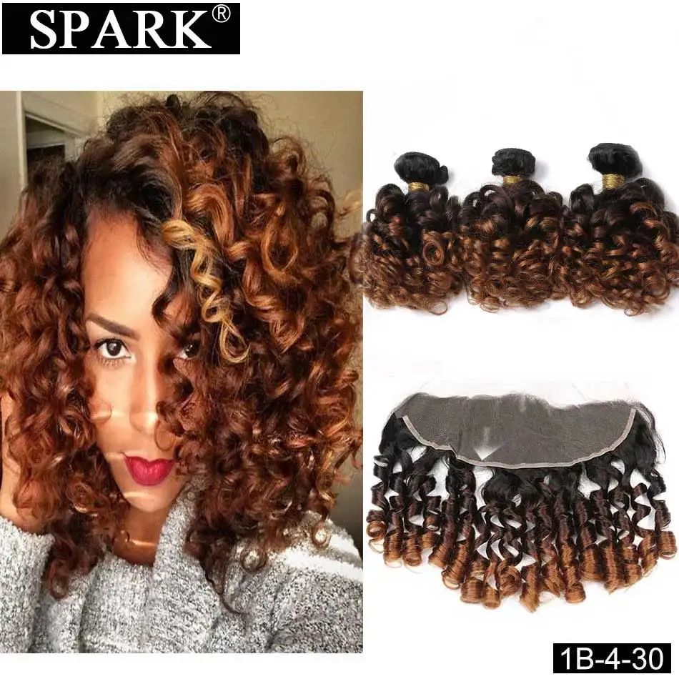 Spark Ombre бразильские волосы человеческие волосы пряди с фронтальной Remy Надувные вьющиеся волосы Кружева Фронтальная застежка с пряди для наращивания - Цвет: T1B/4/30