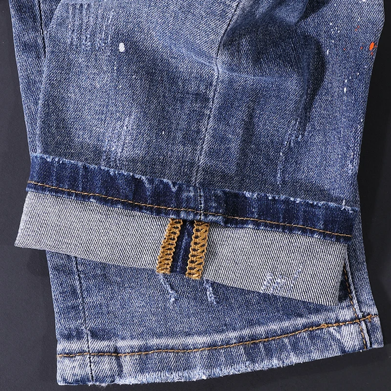 European Street Style Fashion Men Jeans Retro Blue Elastic Slim Fit Ripped Jeans Men Painted Designer Hip Hop Denim Punk Pants