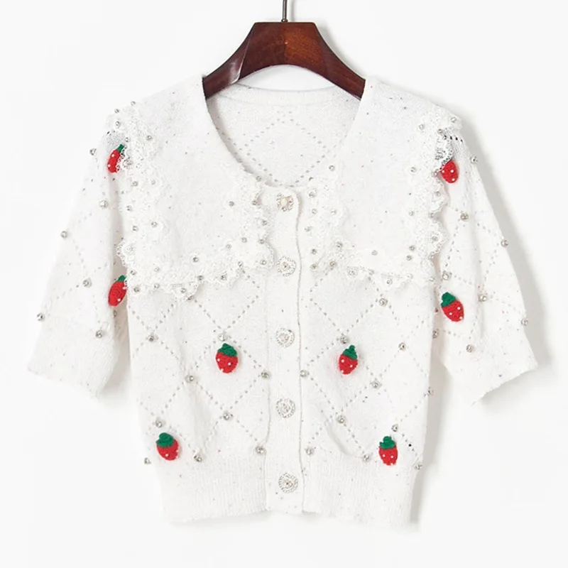 

2021 summer women sweet beading 3D strawberry hollow out knitted jumper short sleeve argyle plaid sweater top A437