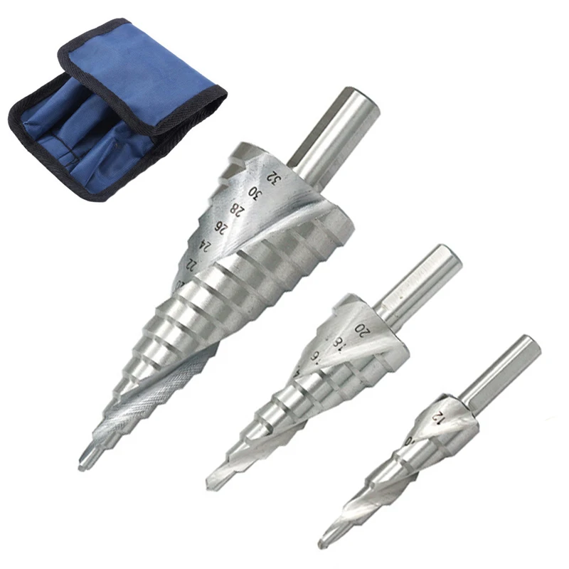 3Pcs/Set 4-32mm Pagoda Drill Screw Drill Core Drilling Tool High Speed Steel HSS Spiral Grooved Metal Steel Step Drill Bit Set