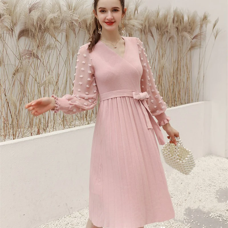 Женское розовое платье свитер Vneck зимние вечерние платья Осенние рождественские