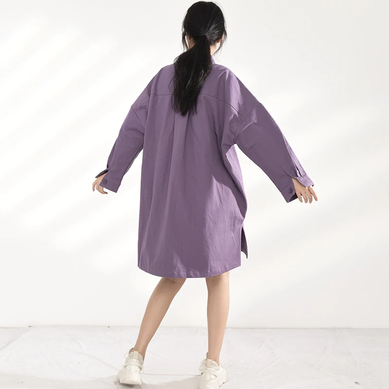 

Long Purple Women Pocket Big Size Blouse New Lapel Long Sleeve Loose Fit Shirt Fashion Tide Spring Autumn 2021 1DD099214