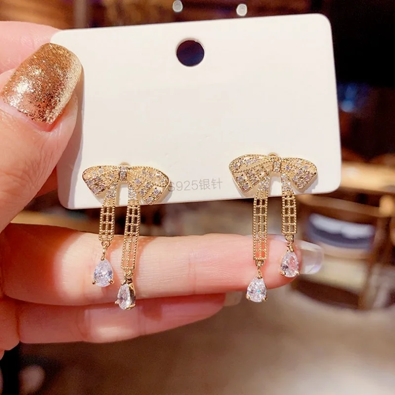 

2021 Statement Earring Zircon Golden Bowknot Crystal Earrings for Women Luxury Jewlery Gift
