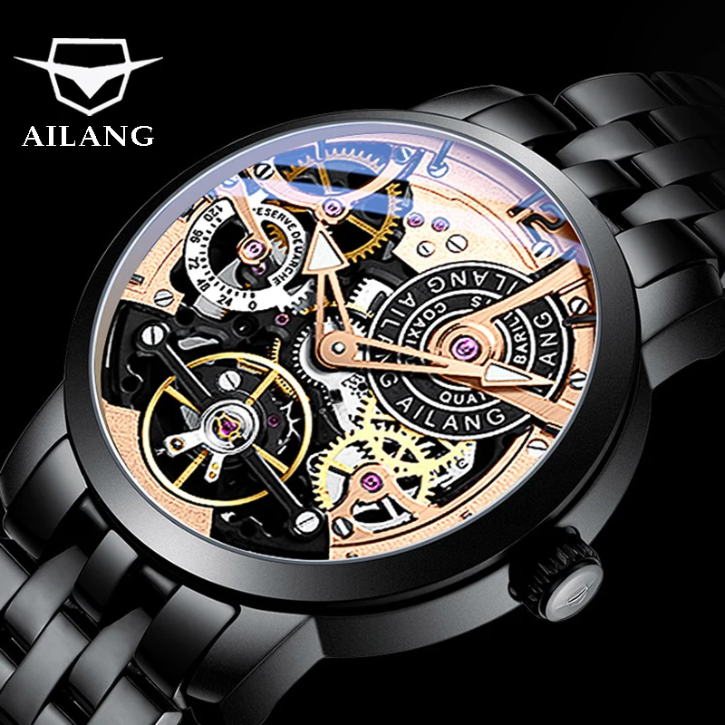 

AILANG Fully Automatic Mechanical Watch Hollow Black Tourbillon Business Men's Watch Luxury Genuine Luminous Waterproof 8611