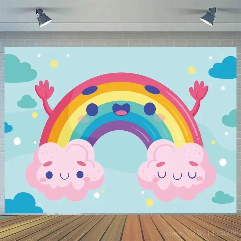 

Smile Rainbow Baby Pink Cloud Newborn Photo Background Baby Shower Room Decor Blue Kids Birthday Portrait Backdrops Vinyl
