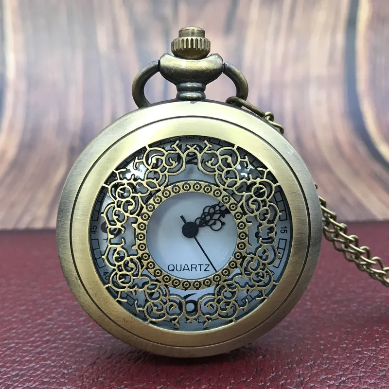 Ретро стимпанк полые кварцевые карманные часы винтажное бронзовое ожерелье