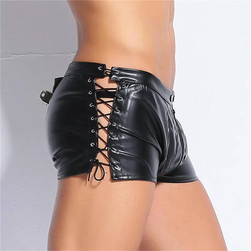 Сексуальные мужские Черные Боксеры из искусственной кожи шорты с открытым