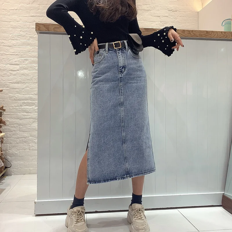 Long Denim Skirt Women Street Wear High Waist Jeans With Belt Straight A-line Pencil Elegant Summer 2020 Hot Sale | Женская одежда