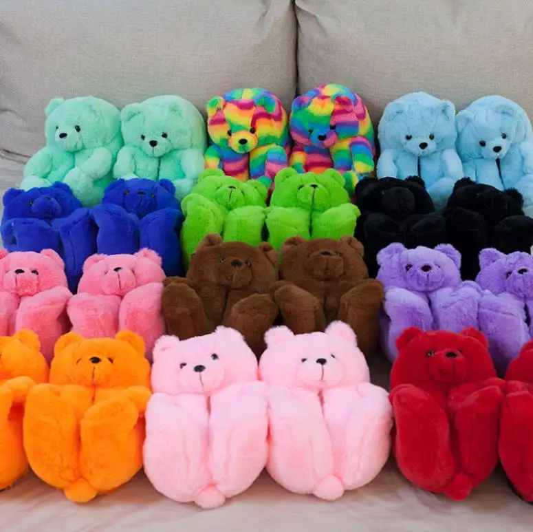 

Plush Teddy Bear House Slippers Brown Women Home Indoor Soft Anti-slip Faux Fur Cute Fluffy home slippers Women Winter Warm Shoe