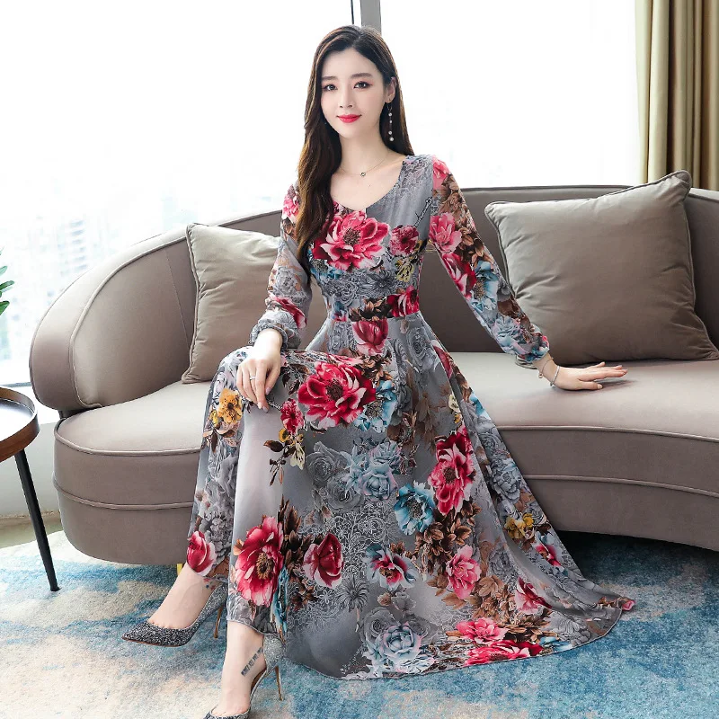 

Long-sleeved chiffon dress 2020 new women's early autumn crushed flower fashion temperament medium-length skirt