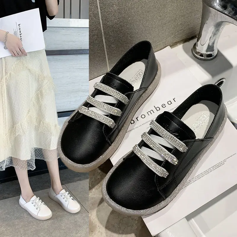 

Crystal ladies leather sneakers rhintone concise casual sneakers women high quality spring/autumn shoes women