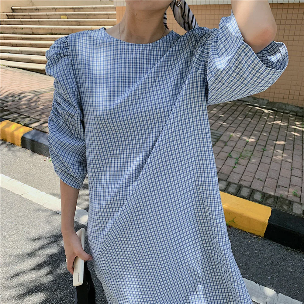 

Japan Style Summer Dress Korean Fashion Loose Casual Simple Designer Retro Lattice Split Fork Puff Sleeve Round Neck