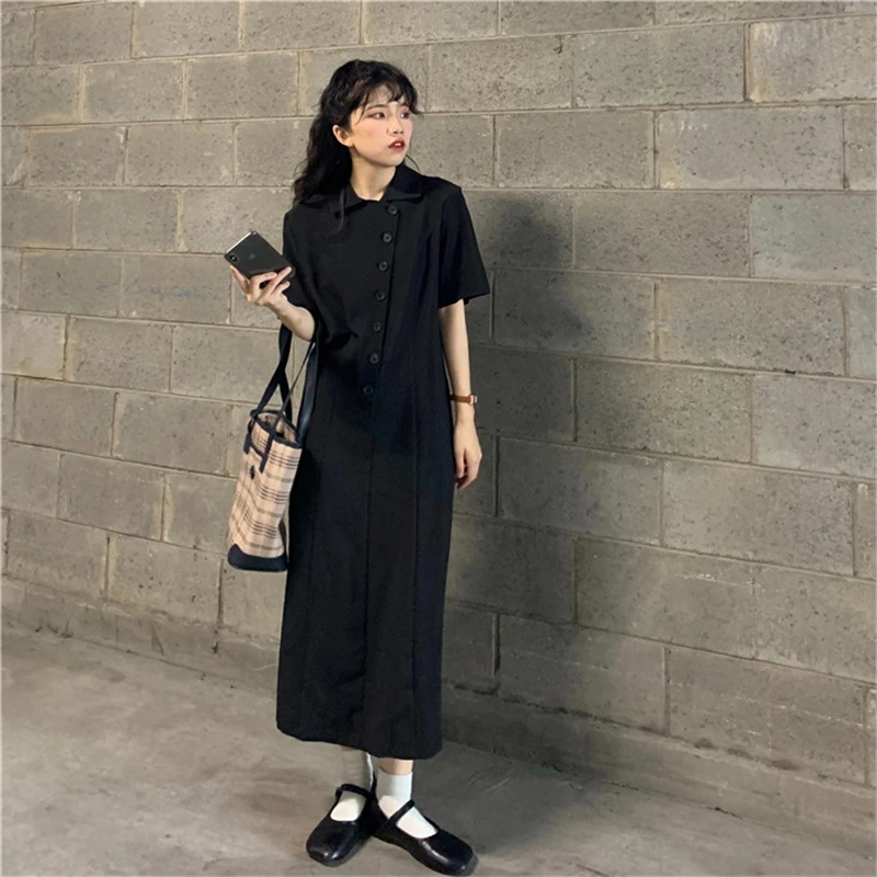 

2021 Korean New Chic Solid Color Dress Women V Neck Short Sleeve Single Breasted Dresses Style Skirt M50