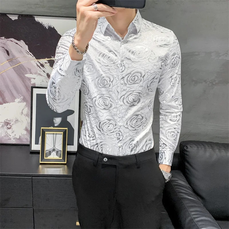 

Gold Silver Rose Floral Printed Shirt Men Slim Fit Autumn Men's Long Sleeve Shirts Camisa Hombre Casual Prom Streetwear V412