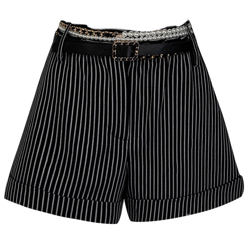 

VGH Striped Embroidery Short For Women High Waist Patchwork Pearl Sashes Casual Loose Straight Shorts Female 2021 Summer Fashion