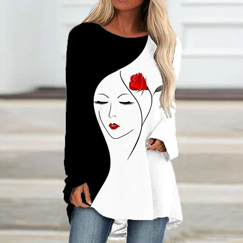 

2021 Autumn Winter Print Loose Streetwear Tops Vintage Ladies O Neck Long Sleeve T-shirt New Fashion Women Mid-length T-shirts