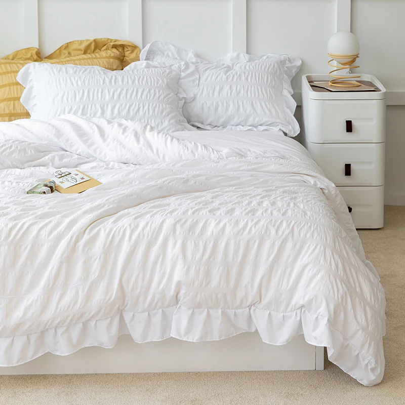 

White Pink Gray Blue Korean Princess Style Bedding Set Ruffles Duvet Cover Flat/Fitted Sheet Pillowcases Home Textiles Bedclothe