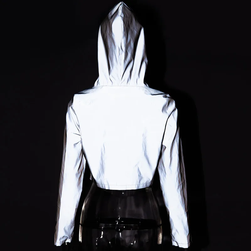 

Street hipster reflective coat hoodie hooded pull rope spliced coat female