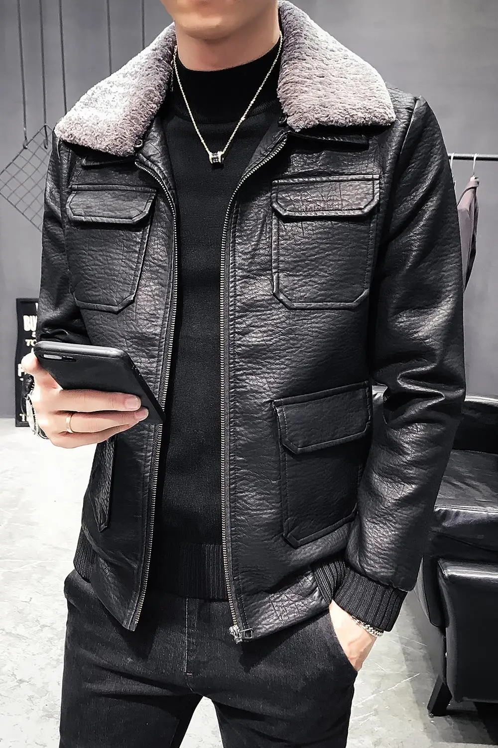 

Men's jacket 2021 autumn and winter leather Slim Korean version of the handsome youth trend lapel motorcycle leather jacket male