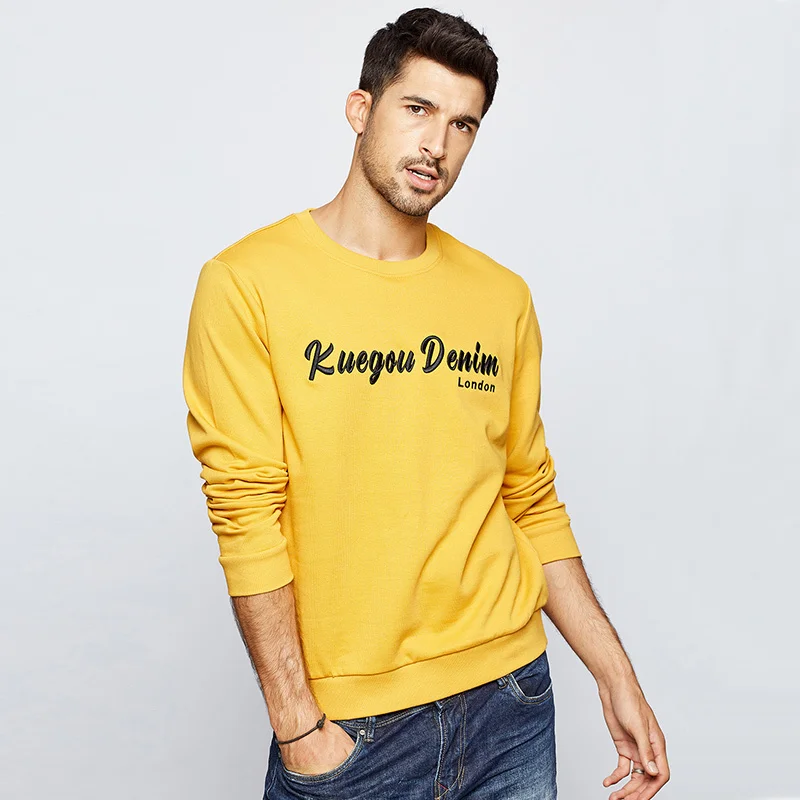 Yellow KUEGOU осень хлопок вышивка синий свитер Мужская мода Японская уличная одежда хип-хоп Мужская брендовая одежда Топ 2240 - Цвет: Yellow