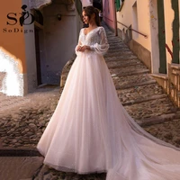 sodigne wedding dress 2021 new puff long sleeves lace appliques a line bridal dress princess dotted tulle wedding gown