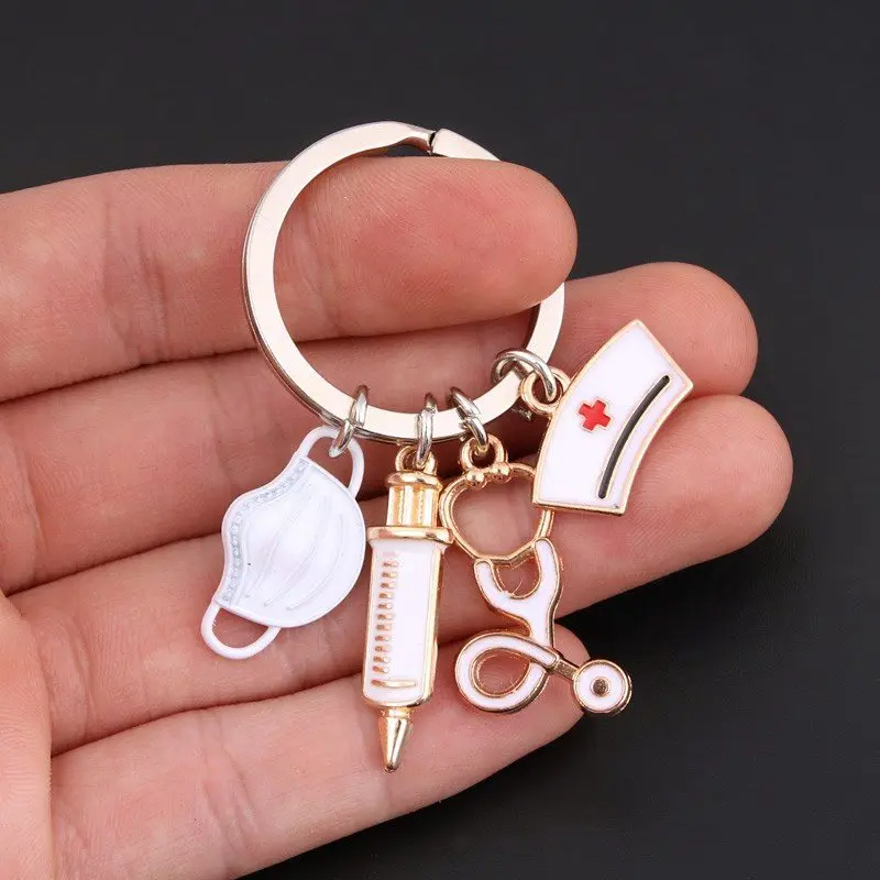 

New Doctor Keychain Stethoscope Nurse Cap Key Chain DIY Jewelry Handmade Medico Gift Medical Tool Key Ring Injection Syringe