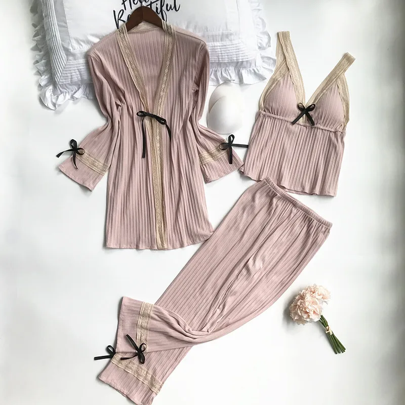 

Women Sleep Lounge Pijama Night Home Clothing Cotton Sleepwear 3 Pieces Pyjamas Sexy Lace Pajamas
