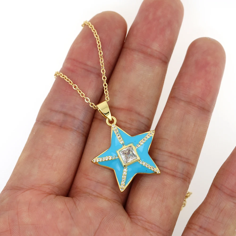 2021 Shiny CZ Five-pointed Star Zirconia Pendant  Color Enamel Dripping Oil Necklace Trendy Friendship Jewelry Christmas Gifts