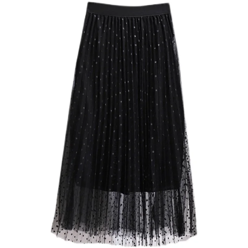 

2021Summer Midi Skirt Women Tulle Skirts Mesh Stitching Vintage Yarn Skirt Shining Fashion Elegance Mesh High Waist Skirt Womens