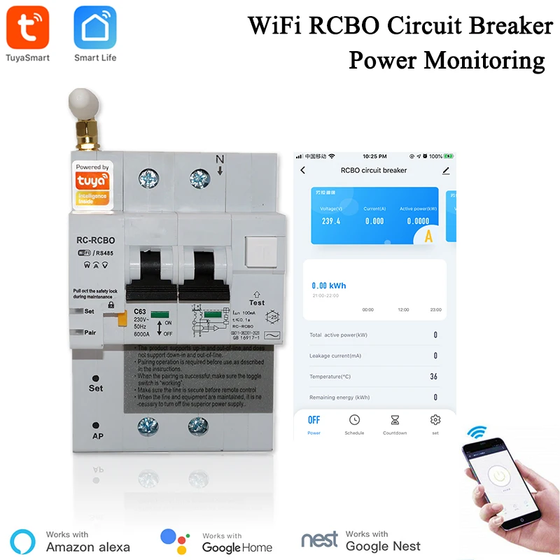 

Автоматический выключатель с мониторингом мощности 2P WiFi RCBO MCB