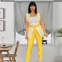 office lady two piece set printed sleeveless jacket vest summer pants suit waist belt 2 piece outfit for woman business party