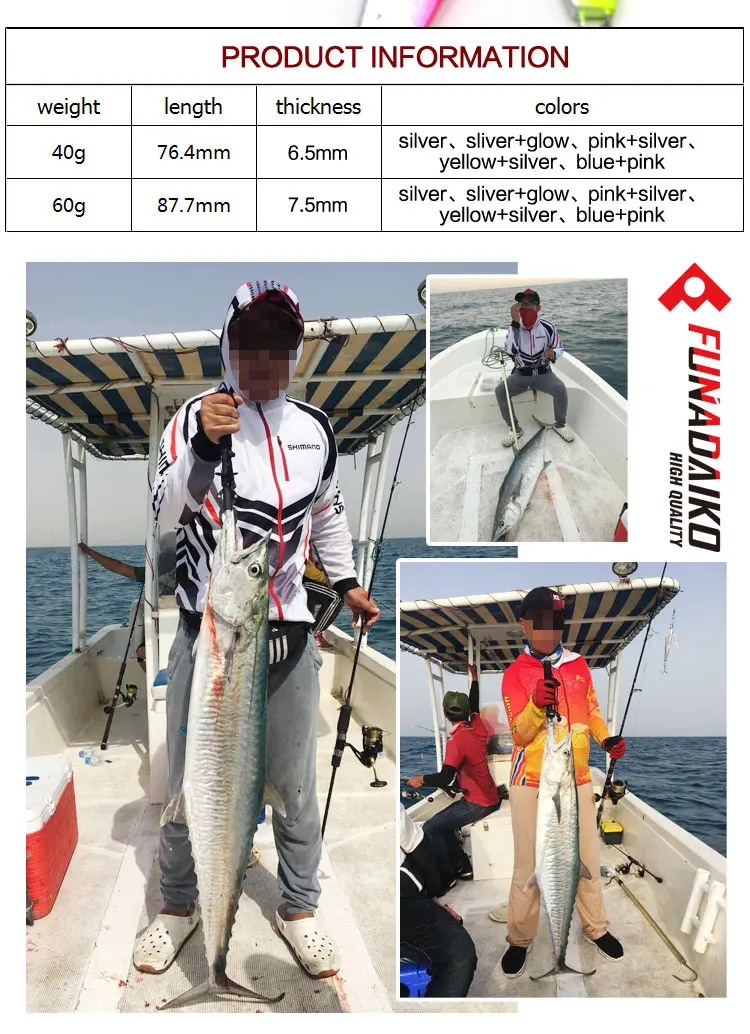 FUNADAIKO приманки для морской рыбалки, приманки для рыбалки, 40 г, 60 г, искусственная светящаяся металлическая приманка