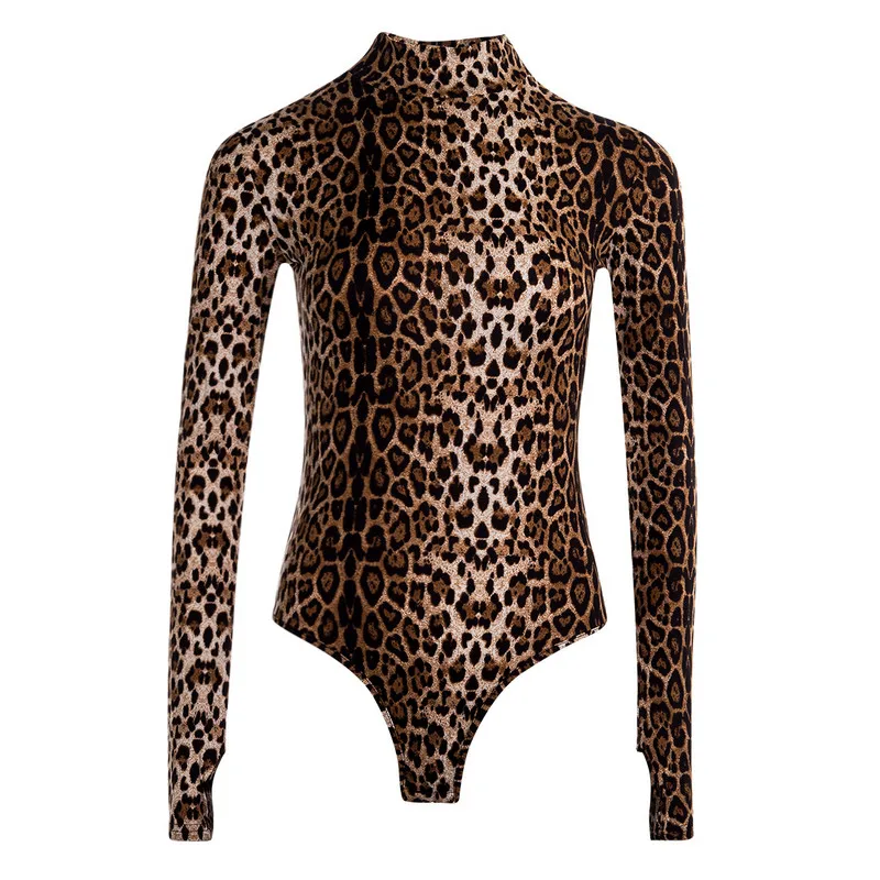 Женское боди с длинным рукавом и высоким воротником принтом тигра | Женская