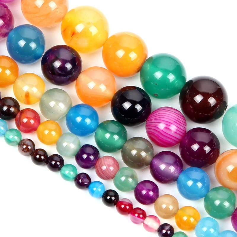 15 &quotнитевые бусины из натурального камня гладкие смешанные полосатые Агаты