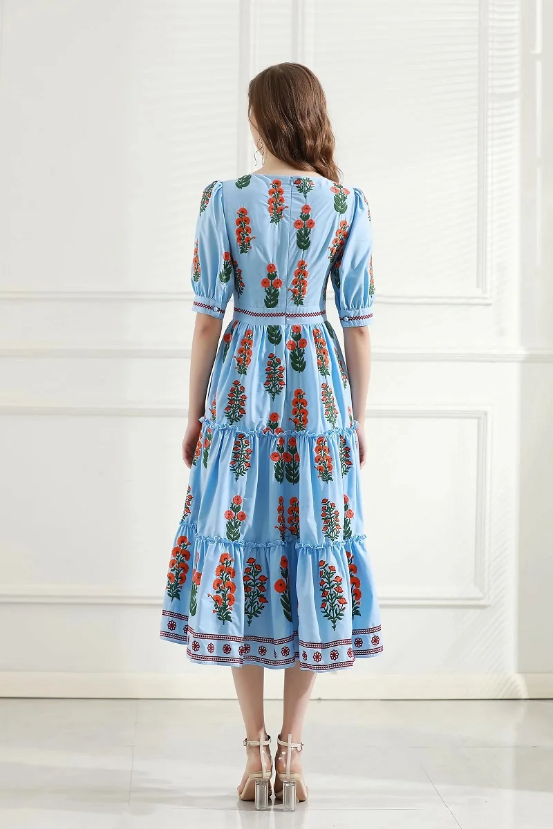 

Quality Women's Top Dress 2021 Spring Summer Clothes Ladies Sexy Square Collar Luxurious Embroidery Short Sleeve Blue Dress XL