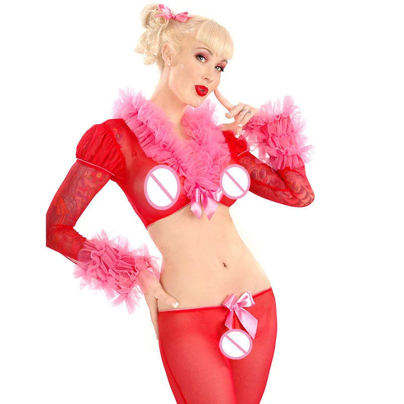 Sexy Teddy Lingerie Set Promotion Valentine Fishnet Hot Women Santa Nightwear Red Lace Sweet Body Femme | Тематическая одежда и