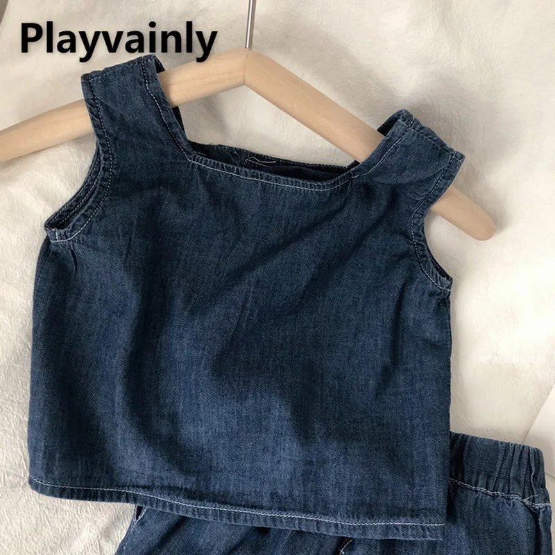 

2021 Korean Style New Summer Girls 2-pcs Sets Single Breasted Denim Vest Top + Shorts Children Outfit Preschool Clothing E685