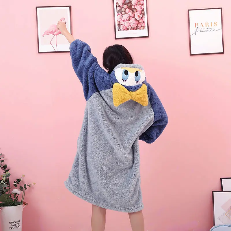 Women's Pajamas Long Plush Coral Velvet Cute Nightgown Autumn and Winter Men's Pyjamas Home Service Hooded Sleepwear Fashion